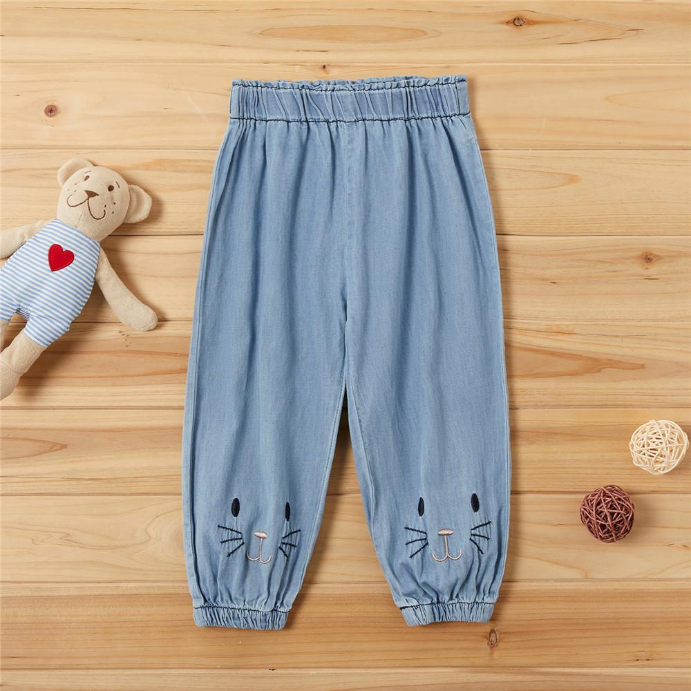 Girls Cat Animal Embroidery Casual Jeans