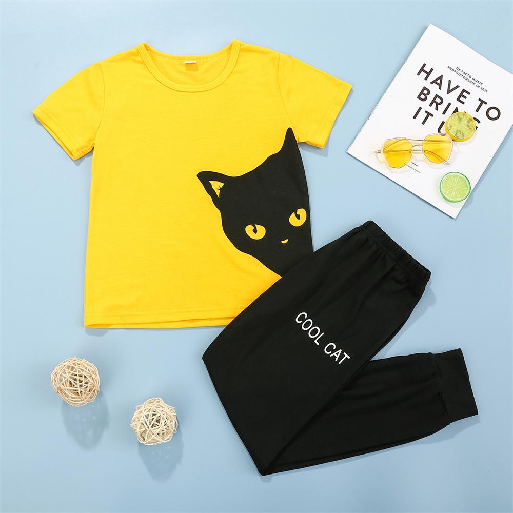 Boys Cat Printed Short Sleeve Top & Pants children wholesale clothing
