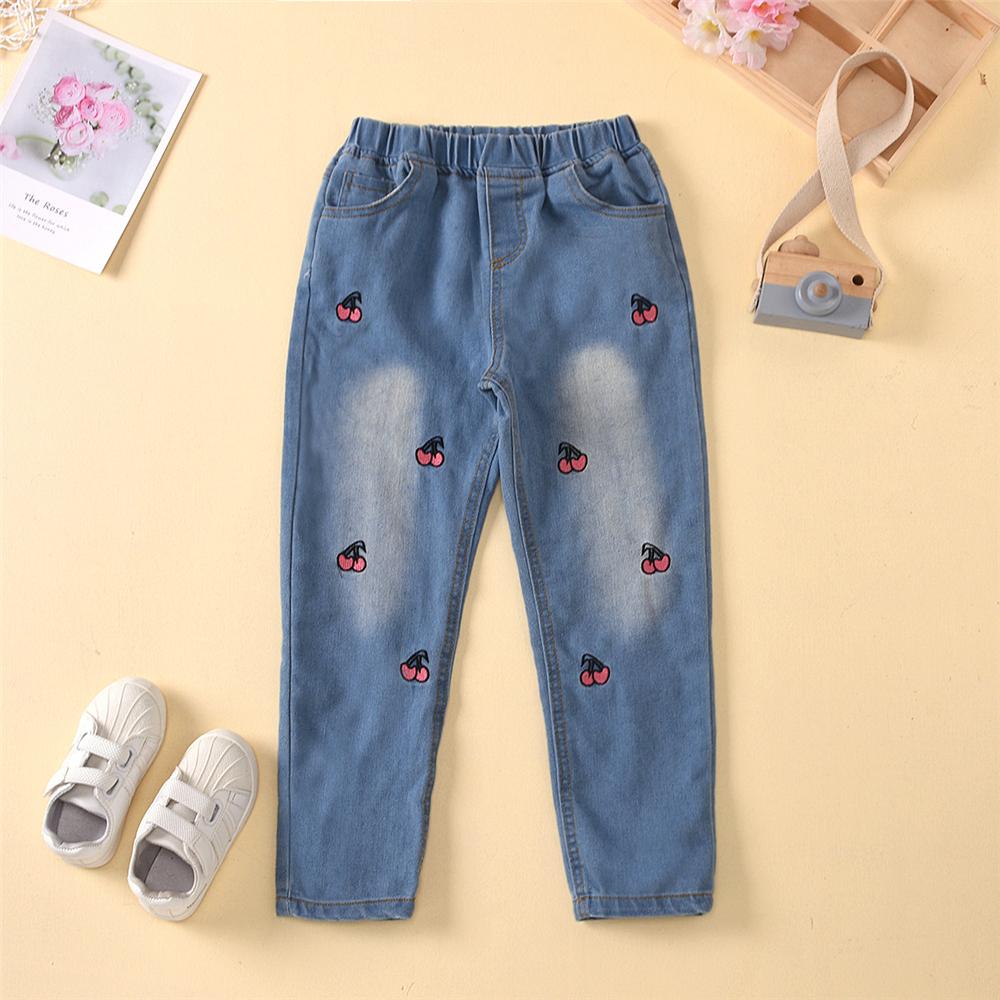Girls Cherry Fruit Embroidery Denim Trousers Wholesale