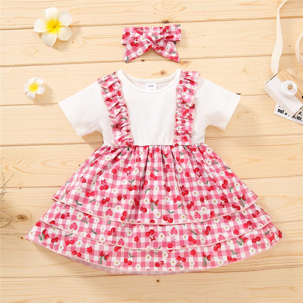 Girls Cherry Printed Short Sleeve Layered Dress & Headband wholesale baby clothes