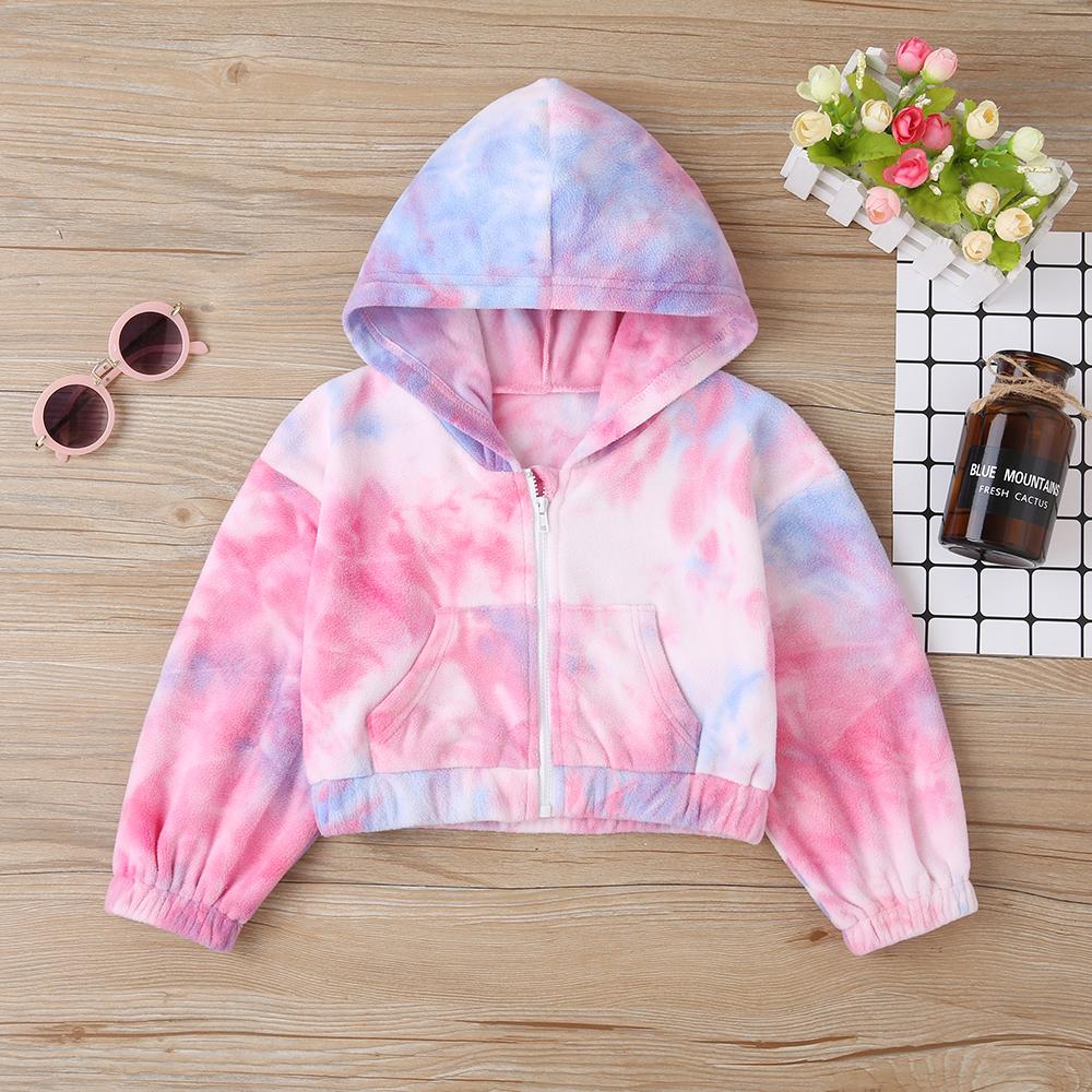 Children'S Autumn New Products Korean Tie-Dye Soft Fluff Short Long-Sleeved Hooded Jacket Cute Sweet Sweater Wholesale Baby Girl Clothes