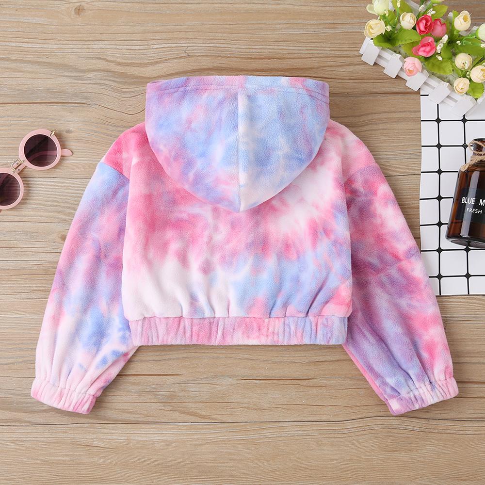 Children'S Autumn New Products Korean Tie-Dye Soft Fluff Short Long-Sleeved Hooded Jacket Cute Sweet Sweater Wholesale Baby Girl Clothes