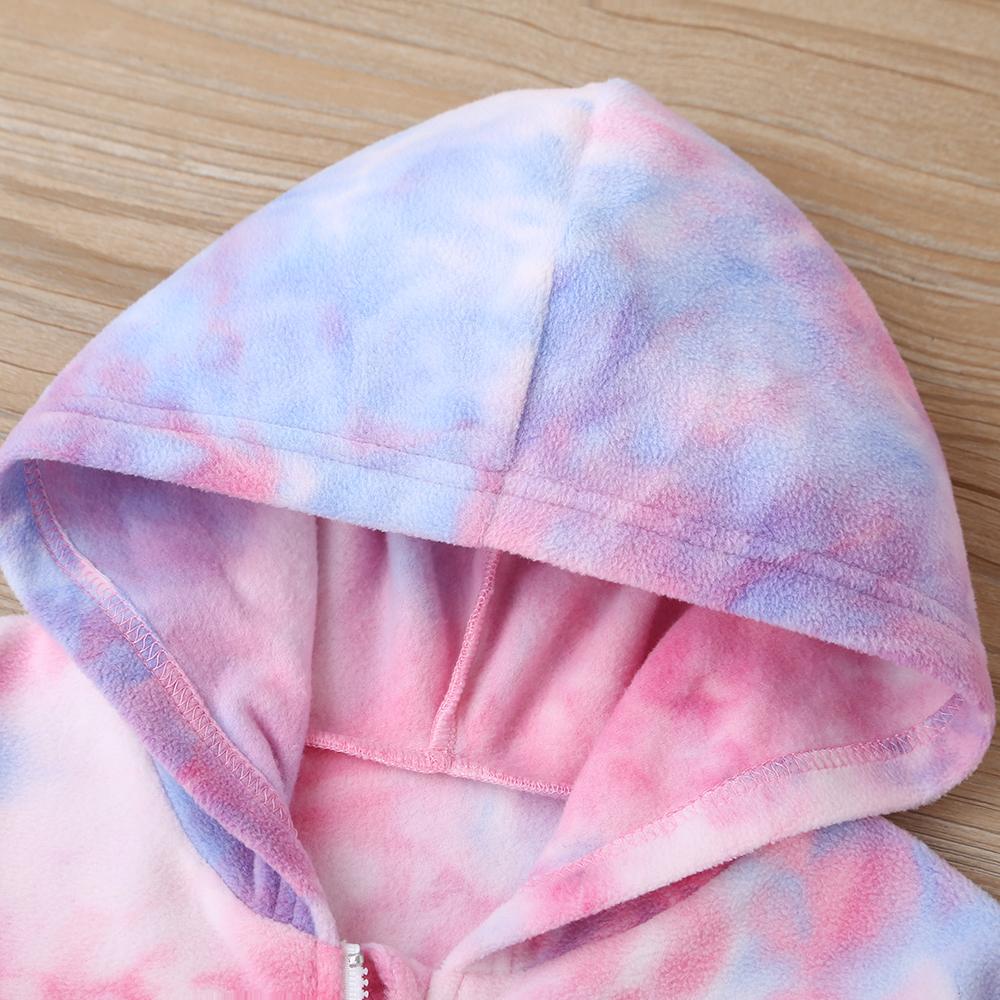 Children'S Autumn New Products Korean Tie-Dye Soft Fluff Short Long-Sleeved Hooded Jacket Cute Sweet Sweater Wholesale Baby Girl Clothes