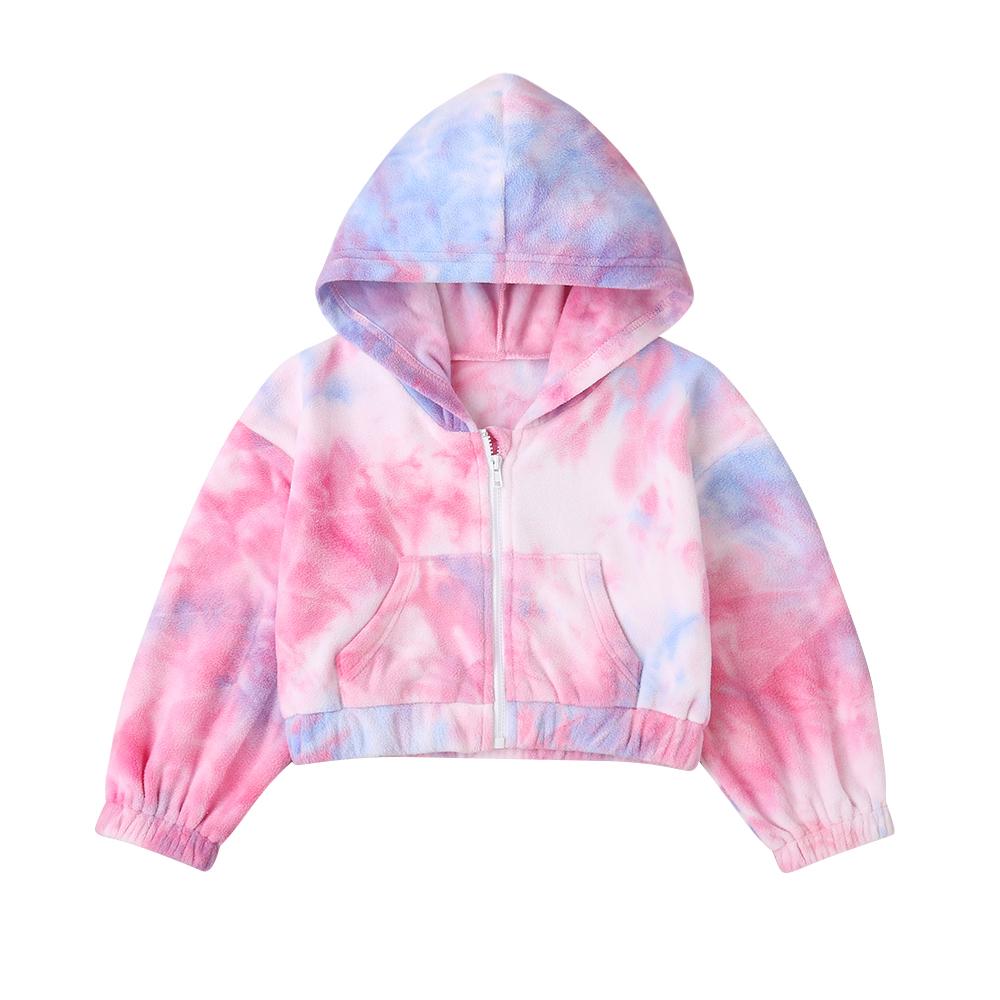 Children'S Autumn New Products Korean Tie-Dye Soft Fluff Short Long-Sleeved Hooded Jacket Cute Sweet Sweater Wholesale Baby Girl Clothes