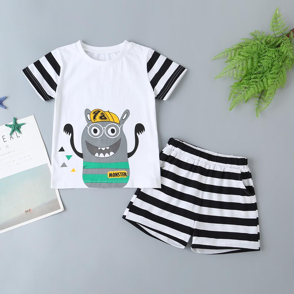 Children'S Clothing Boy Summer Suit Children'S Short-Sleeved Cute Print + Striped Shorts Suit Baby Boys Clothing Wholesale