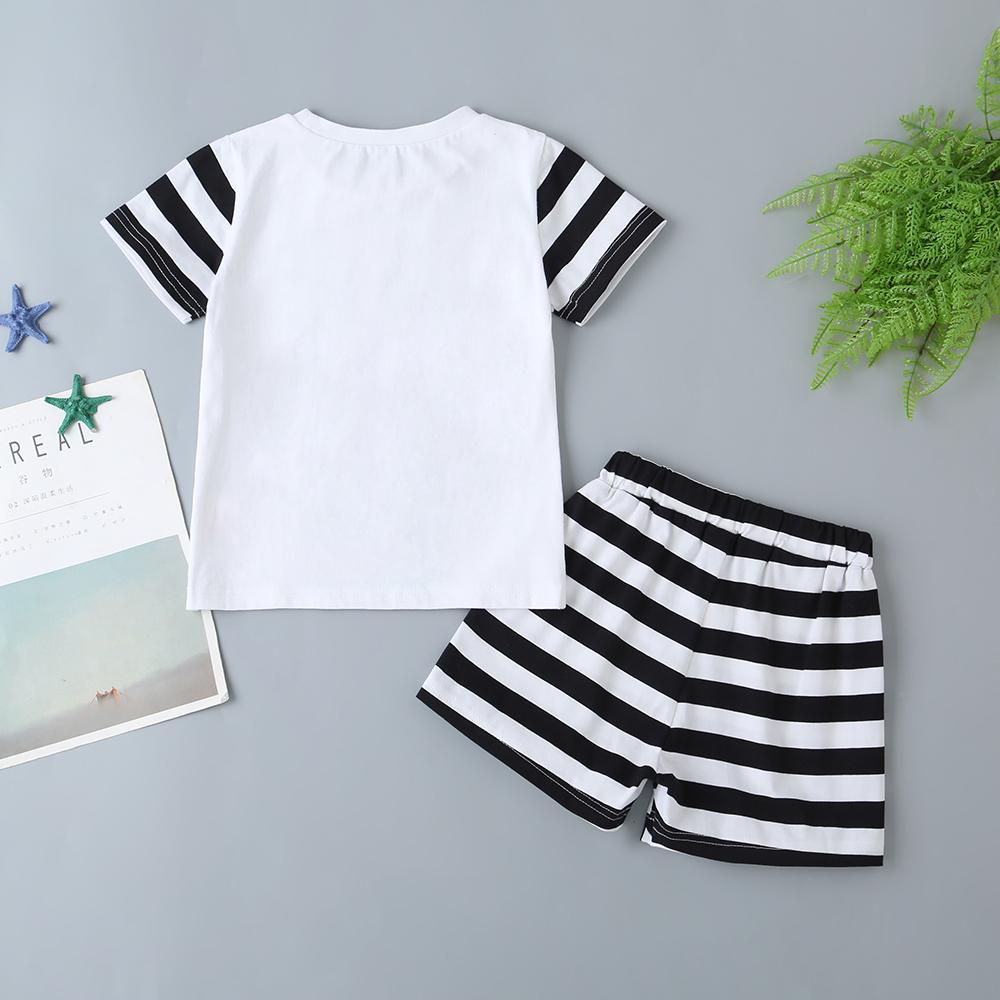 Children'S Clothing Boy Summer Suit Children'S Short-Sleeved Cute Print + Striped Shorts Suit Baby Boys Clothing Wholesale