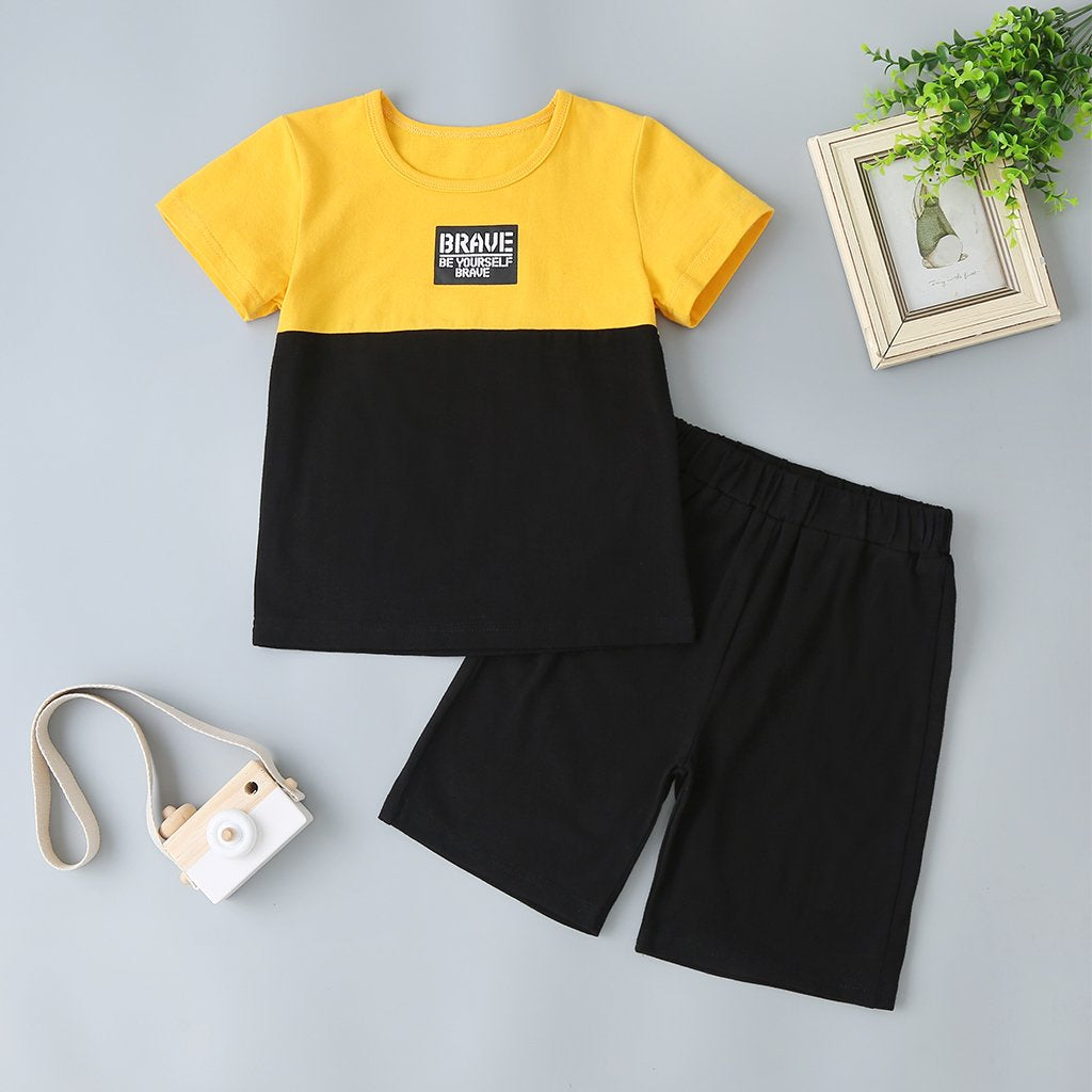 Children'S Clothing Boys' Suit Summer Suit Yellow/Black Color Matching Top Casual Black Pants Suit Two-Piece Suit Kids Boutique Clothing Cheap