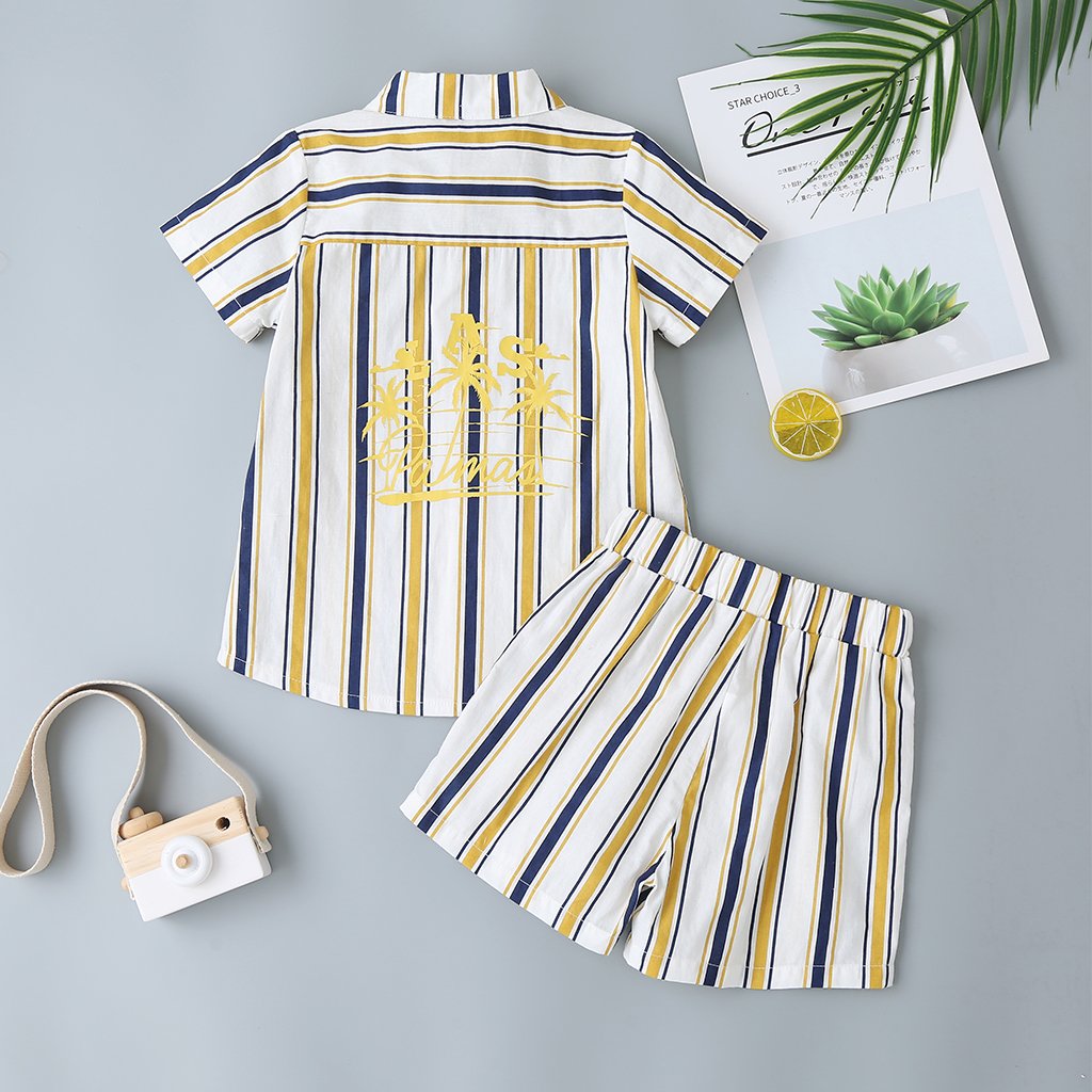 Children'S Clothing Summer New Boys Yellow Blue Striped POLO Collar Short-Sleeved Loose Striped Shorts Wholesale Boy Clothes
