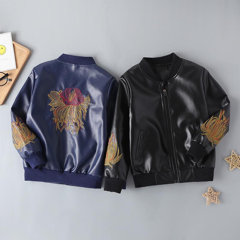 Children'S Leather Jackets For Boys And Girls In Autumn And Winter Embroidered Pattern PU Leather Jackets Kids Wholesale Clothing
