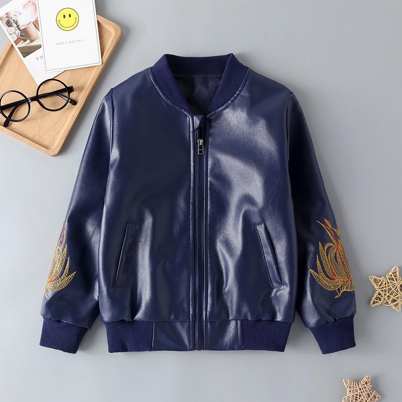 Children'S Leather Jackets For Boys And Girls In Autumn And Winter Embroidered Pattern PU Leather Jackets Kids Wholesale Clothing