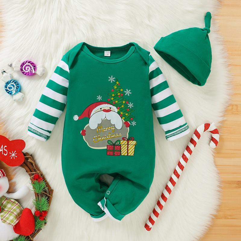 Baby Christmas Cartoon Printed Long Sleeve Striped Romper & Hat baby clothing wholesale