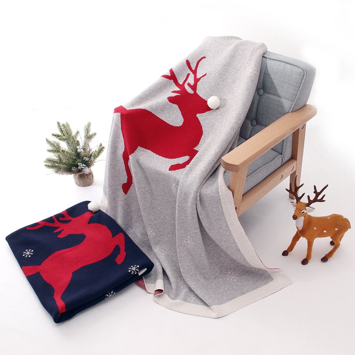 Christmas Elk Printed Wool Ball Solid Color Holding Blanket Cute Baby Blankets