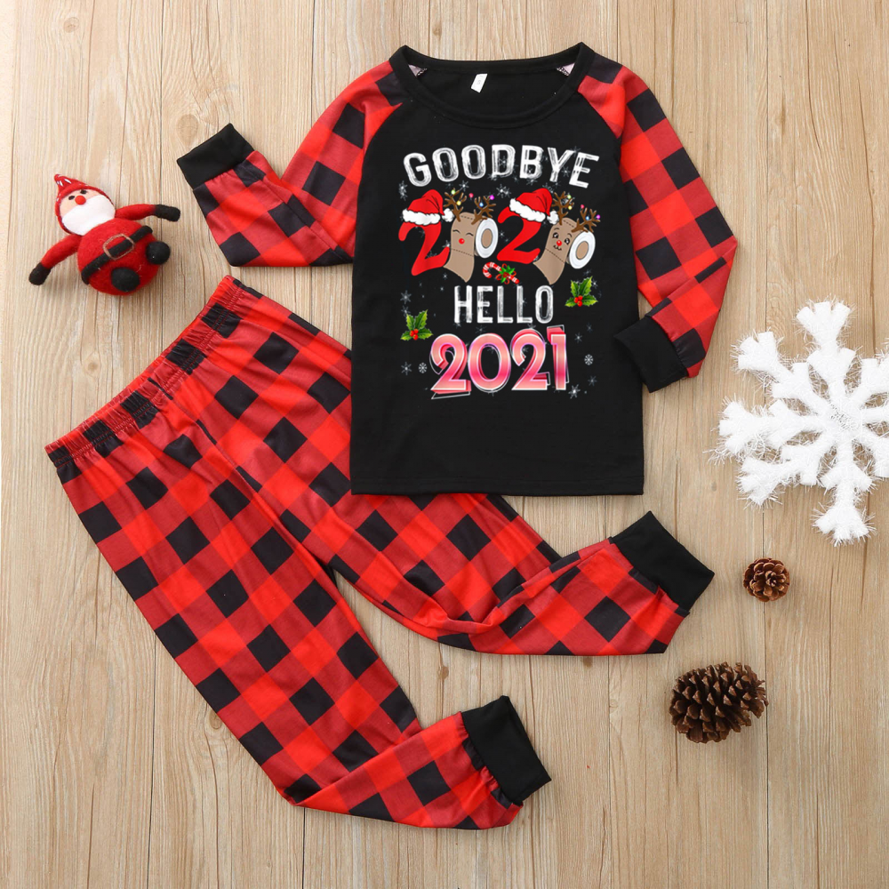 Christmas Letter Animal Printed Plaid Parent-Child Long Sleeve Top & Pants Mommy And Me Matching Outfits Wholesale