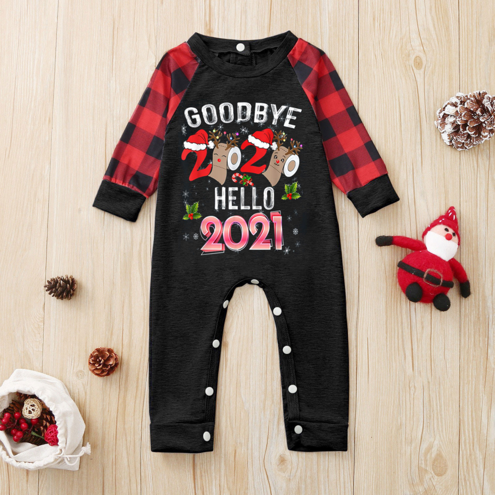 Christmas Letter Animal Printed Plaid Parent-Child Long Sleeve Top & Pants Mommy And Me Matching Outfits Wholesale