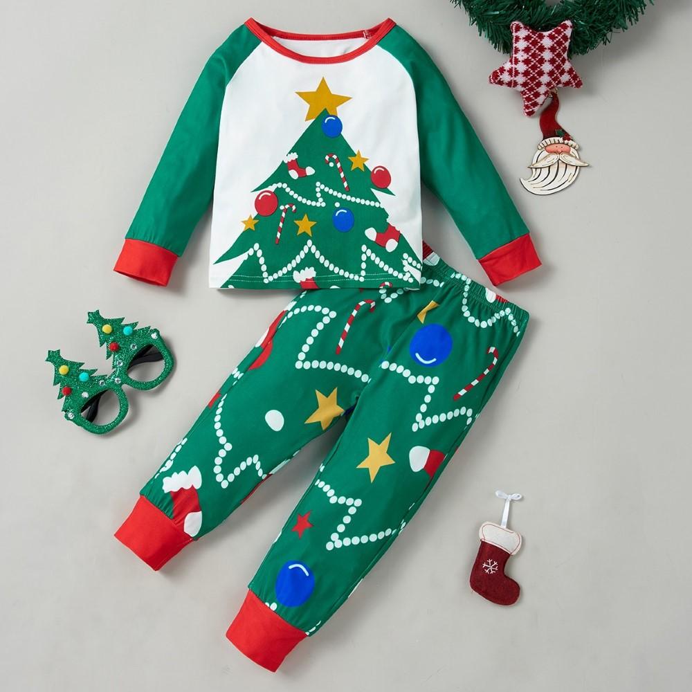 Girls Christmas Long Sleeve Cartoon Printed Top & Pants Wholesale Childrens Clothing