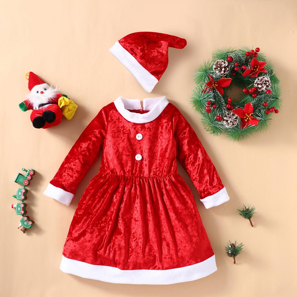 Girls Christmas Long Sleeve Dress & Hat trendy kids wholesale clothing