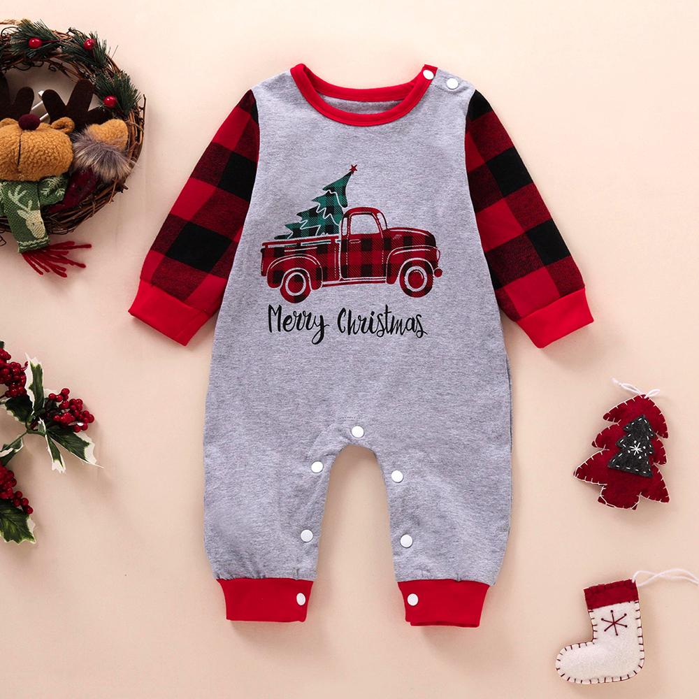 Baby Christmas Long Sleeve Printed Plaid Romper baby wholesale clothing