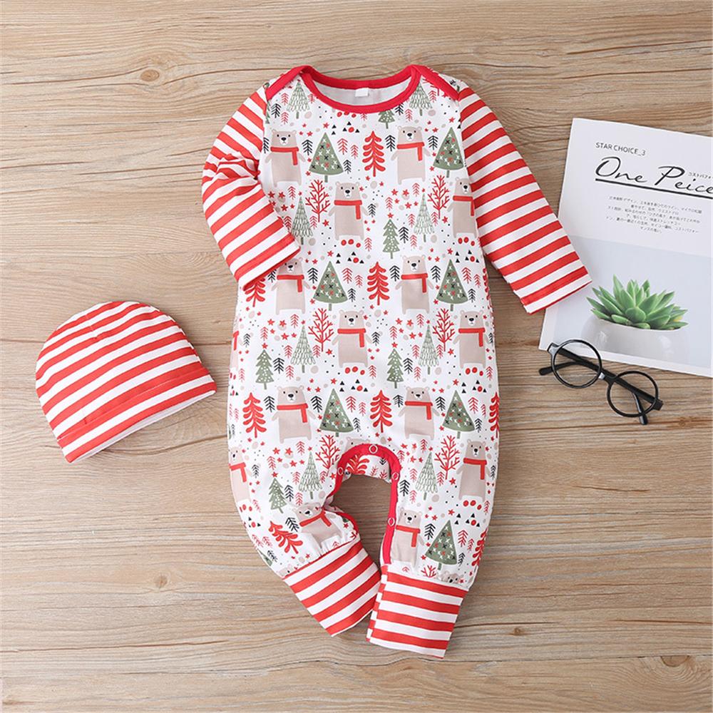 Baby Christmas Tree Striped Long Sleeve Romper & Hat Christmas Baby Clothes