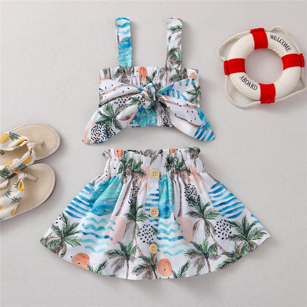 Girls Coconut Tree Printed Sling Top & Button Skirt wholesale girls clothes