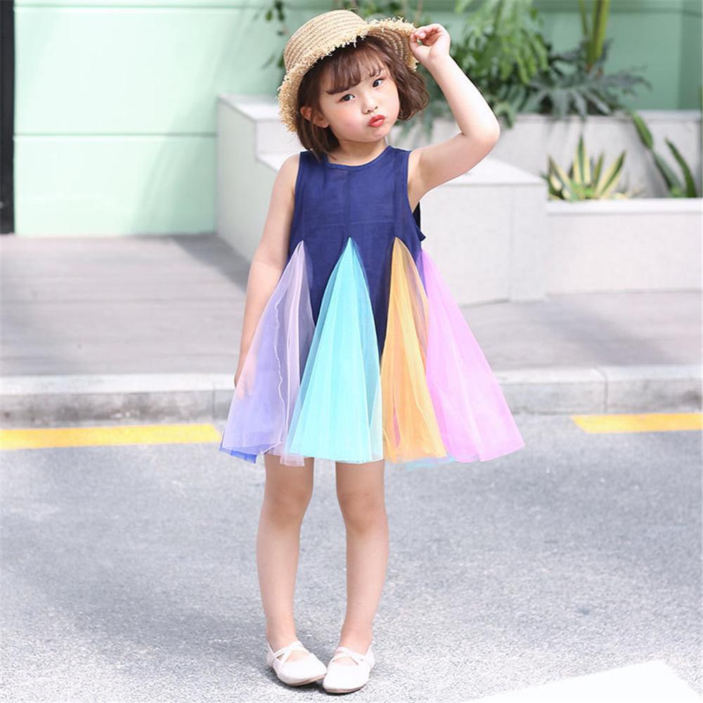 Girls Color Block Chiffon Splicing Sleeveless Dress Kids Wholesale Clothing