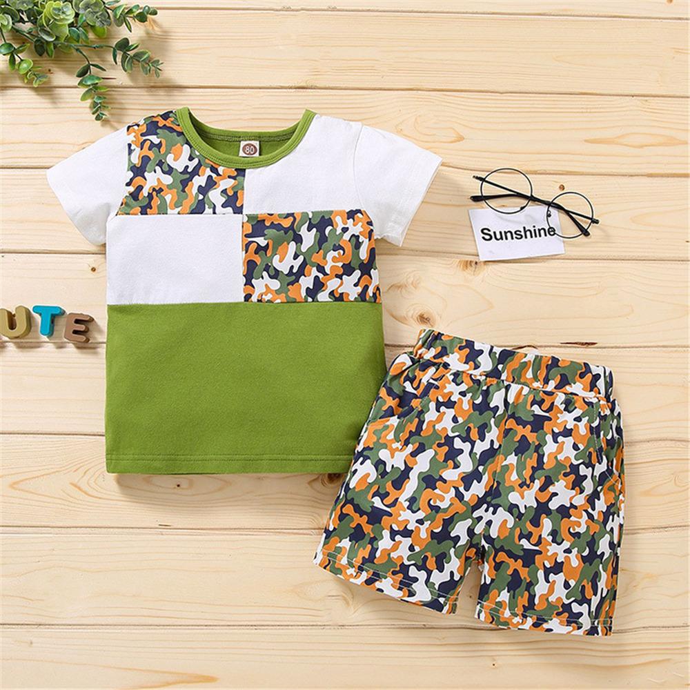 Boys Color Block Pattern Printed Short Sleeve Top & Shorts wholesale childrens clothing vendors