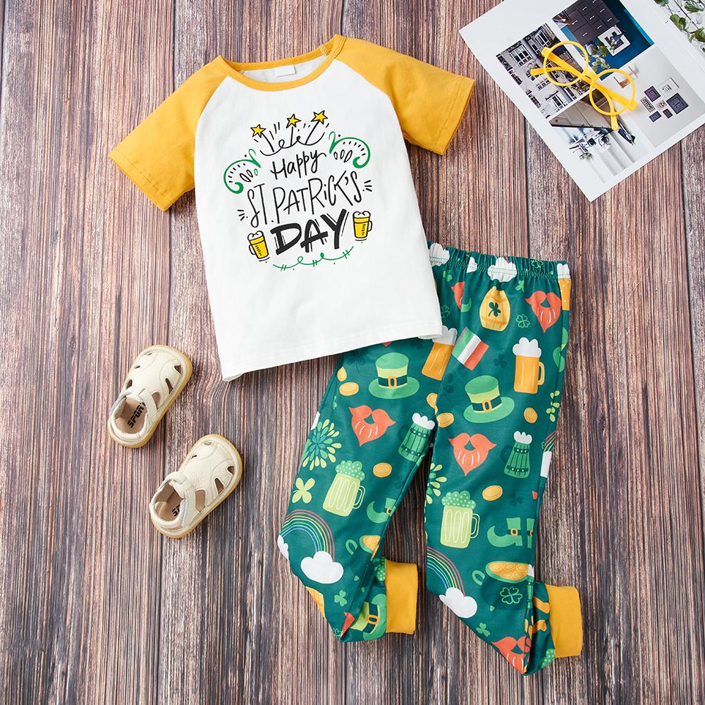 Unisex Color Block Saint Patrick's Day Letter Printed Short Sleeve Top & Pants Toddler Wholesale Clothes