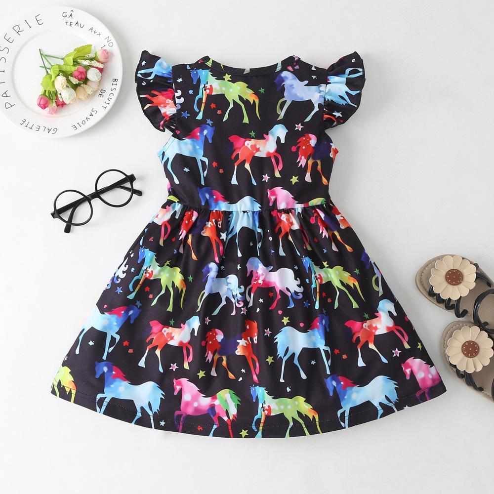 Girls Colorful Unicorn Printed Flying Sleeve Dress Wholesale Little Girls Clothes