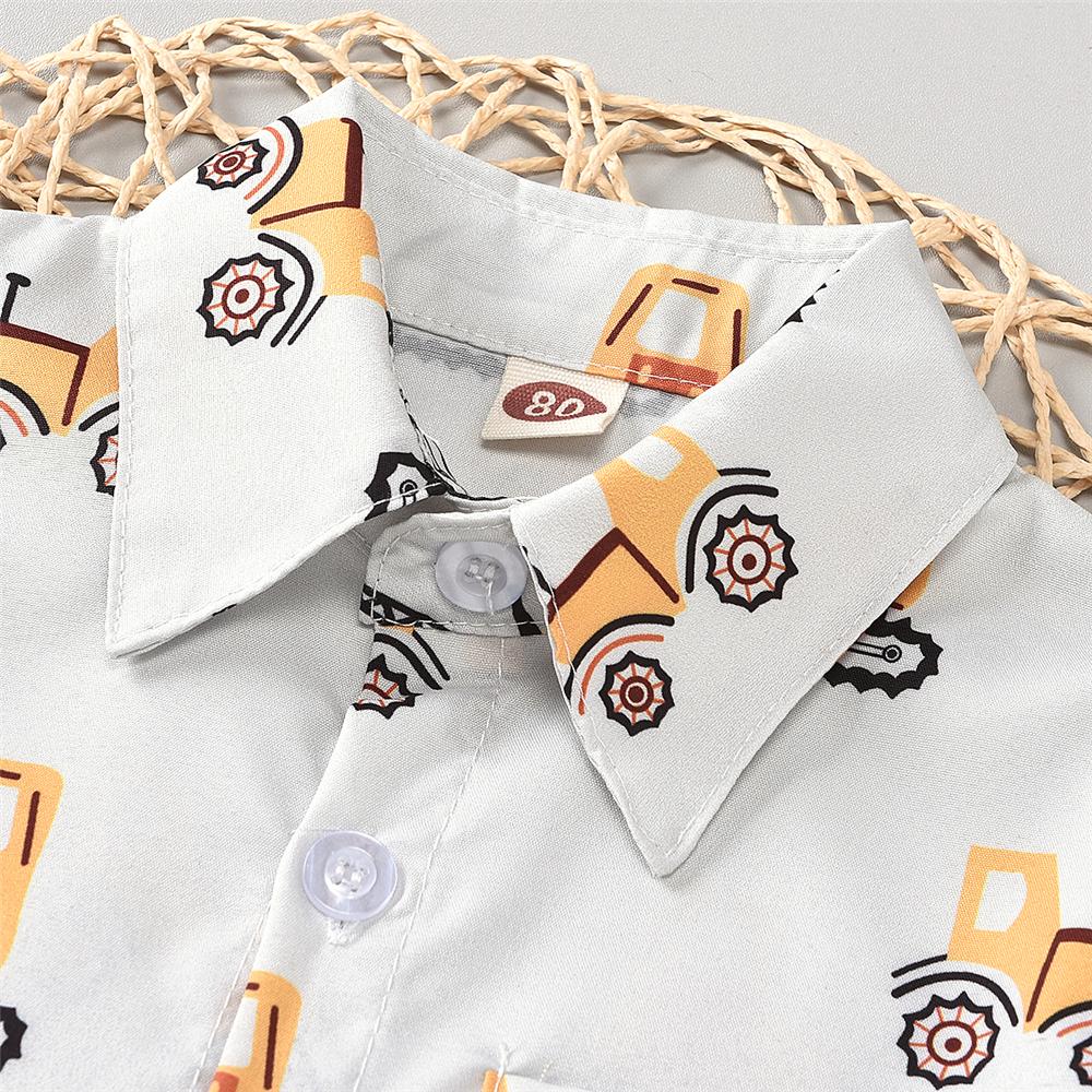 Boys Crane Cartoon Printed Short Sleeve Lapel Shirt & Solid Shorts Boy Clothing Wholesale