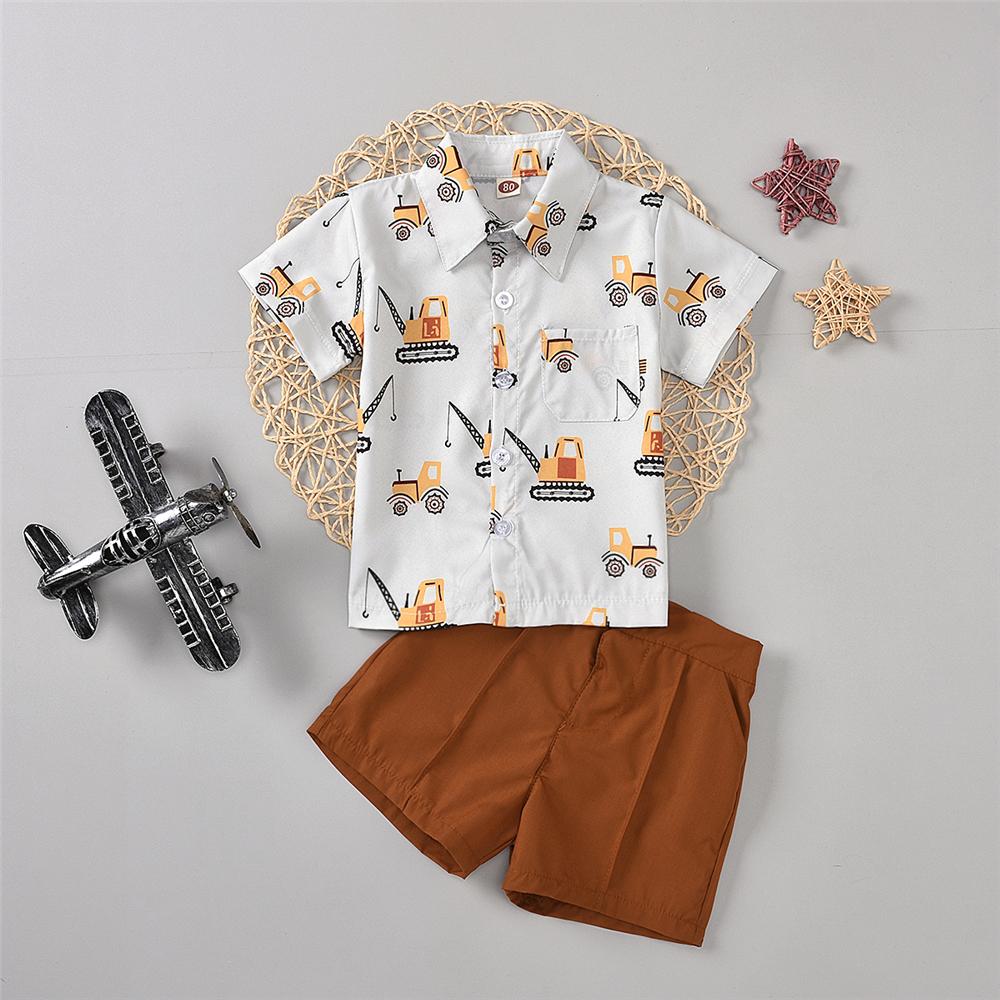 Boys Crane Cartoon Printed Short Sleeve Lapel Shirt & Solid Shorts Boy Clothing Wholesale