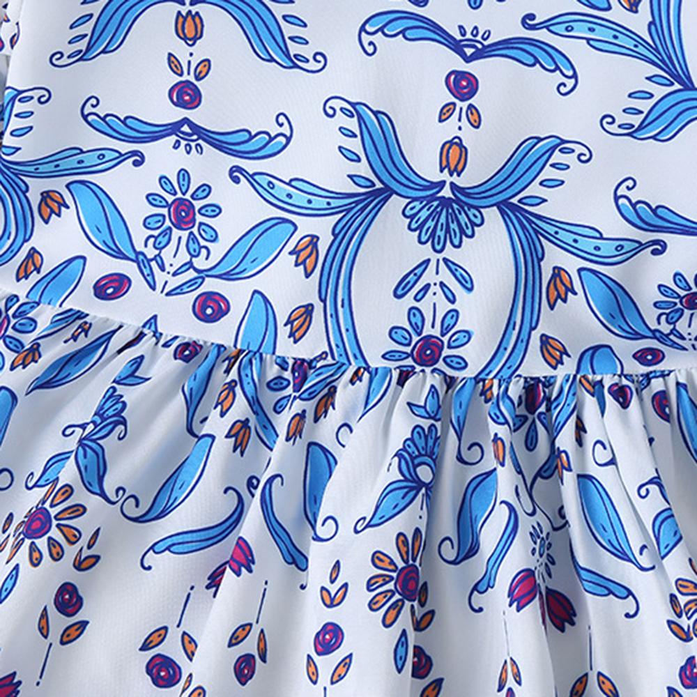 Girls Crew Neck Short Sleeve Blue Flower Printed Princess Dress wholesale children's boutique clothing suppliers usa
