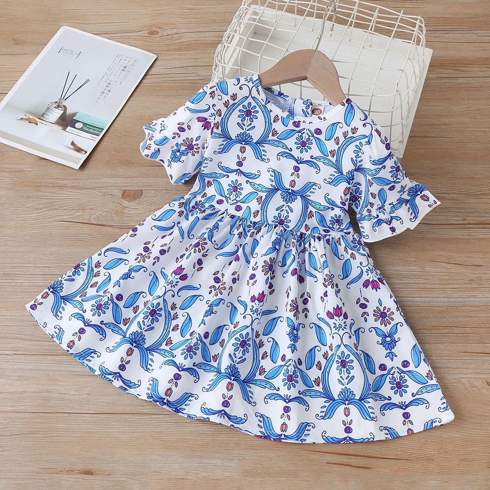 Girls Crew Neck Short Sleeve Blue Flower Printed Princess Dress wholesale children's boutique clothing suppliers usa