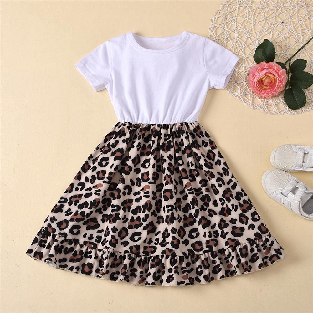 Girls Crew Neck Short Sleeve Leopard Splicing Dress Toddler Girls Wholesale