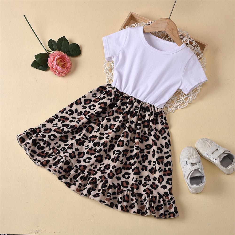 Girls Crew Neck Short Sleeve Leopard Splicing Dress Toddler Girls Wholesale