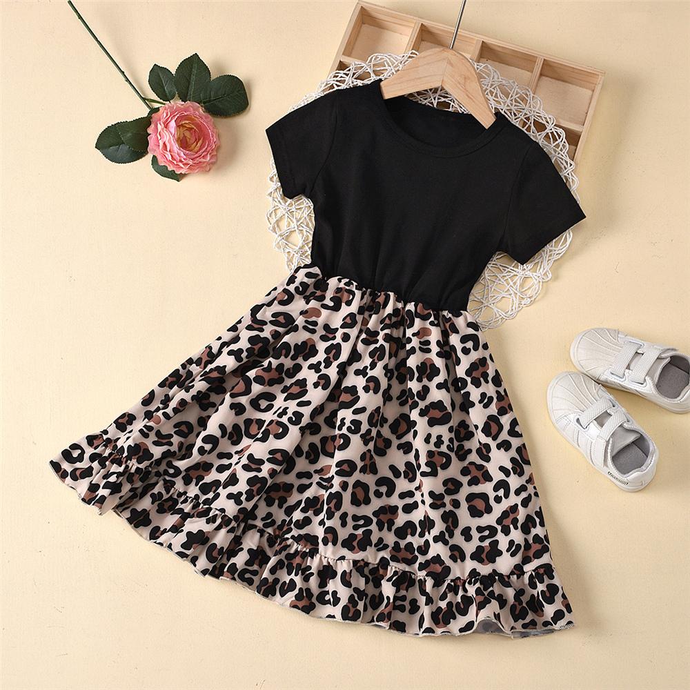 Girls Crew Neck Short Sleeve Leopard Splicing Dress Toddler Girls Wholesale