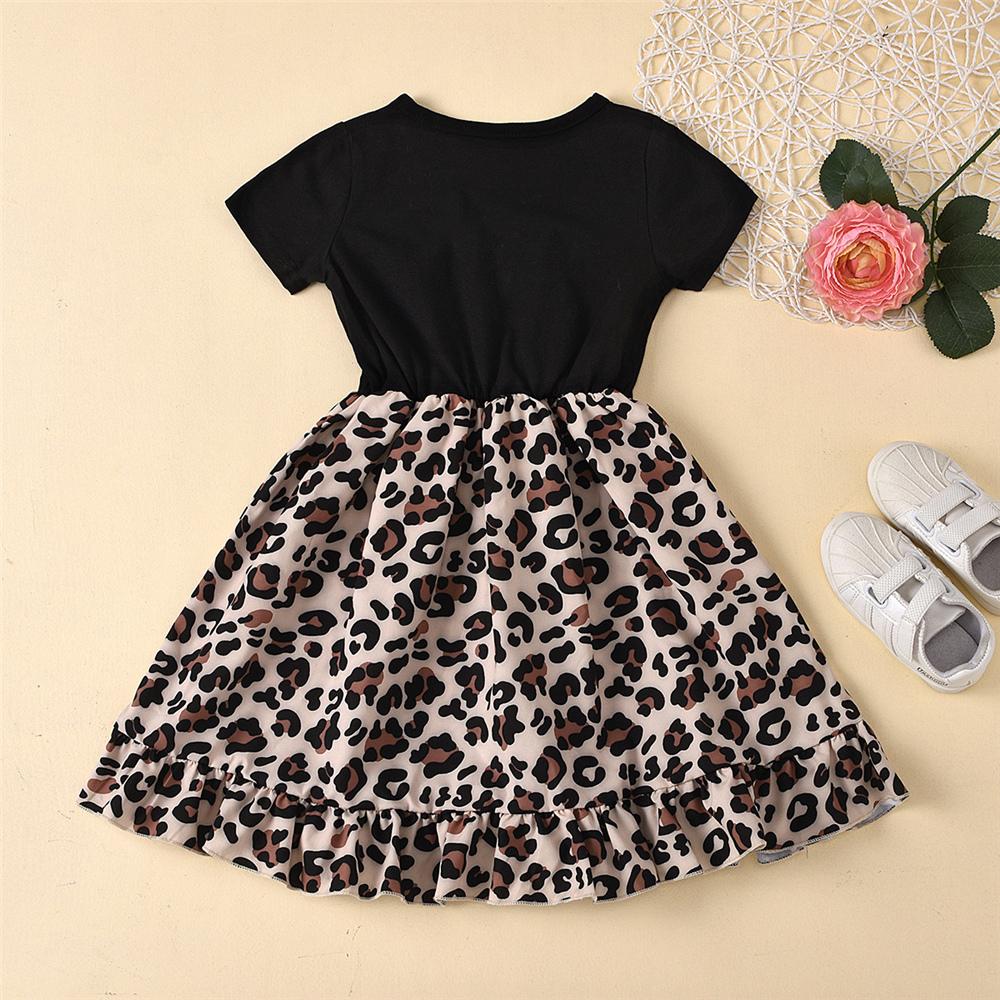 Girls Crew Neck Short Sleeve Leopard Splicing Dress Toddler Girls Wholesale