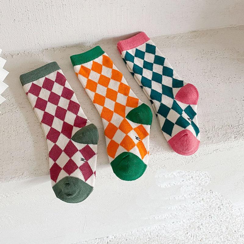 MOQ 12Pairs Diamond grid cotton socks children's socks Wholesale