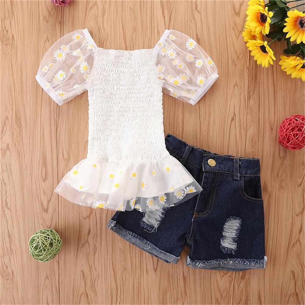 Girls Daisy Printed Puff Sleeve Top & Ripped Denim Shorts Wholesale Girl Clothing