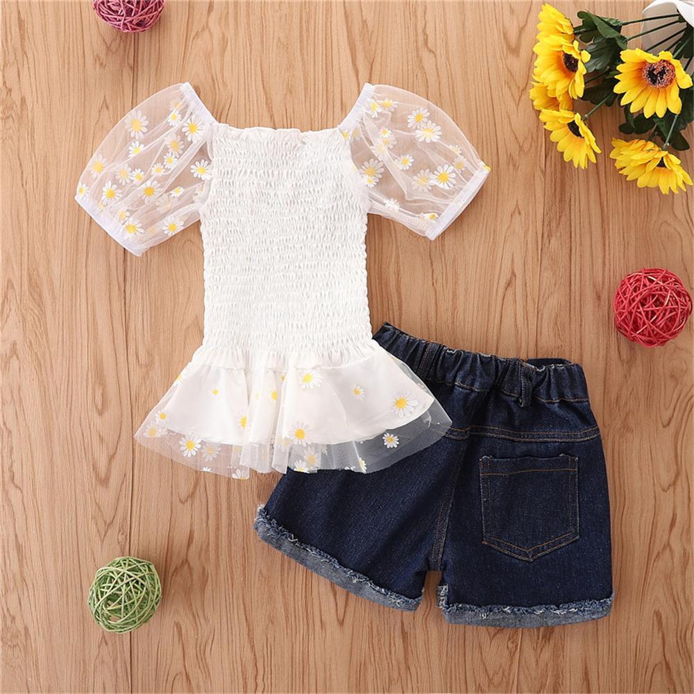 Girls Daisy Printed Puff Sleeve Top & Ripped Denim Shorts Wholesale Girl Clothing
