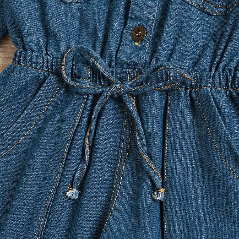 Girls Denim Lapel Long Sleeve Pocket Jumpsuit Wholesale Girl Clothing