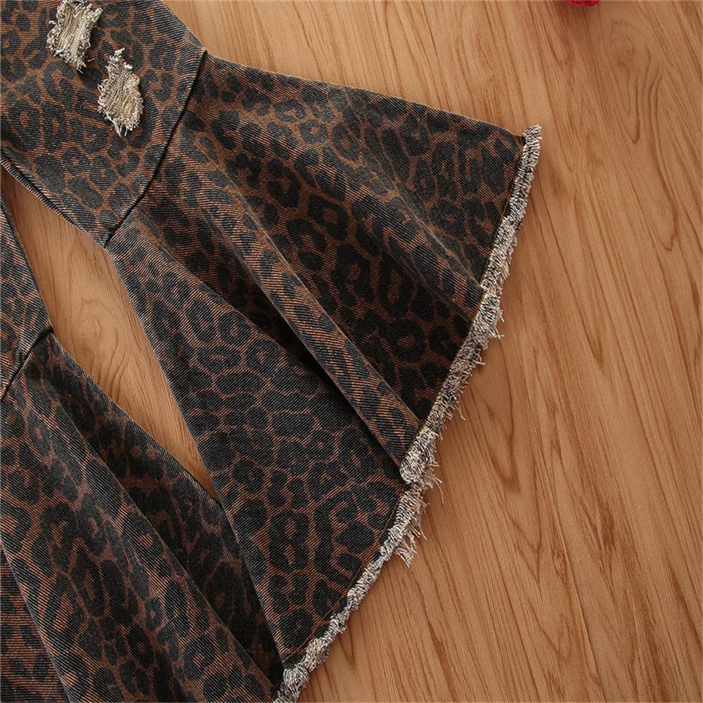 Girls Denim Leopard Flared Ripped Wide Leg Pants Wholesale