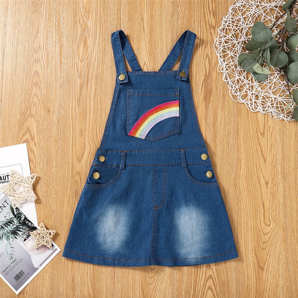 Girls Denim Rainbow Pocket Suspender Dresses children wholesale clothing