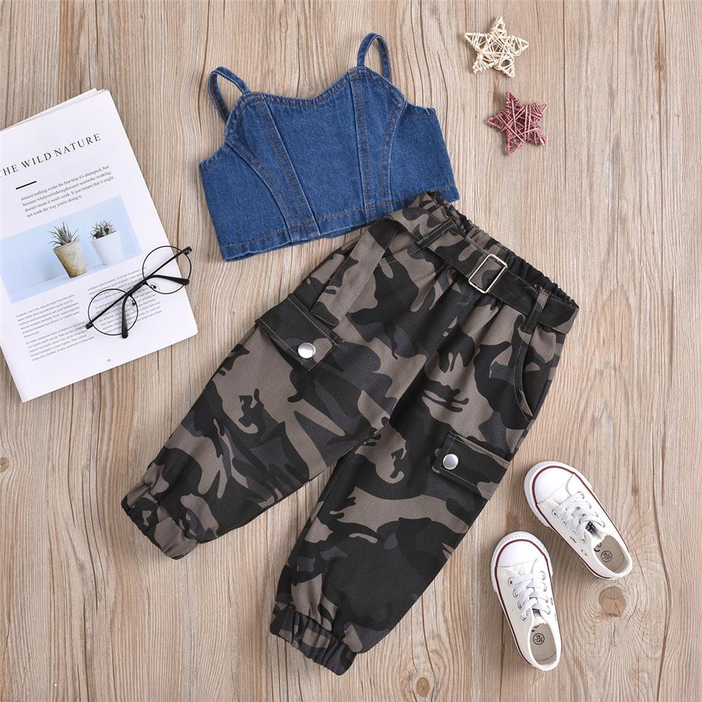 Girls Denim Sling Top & Camouflage Pants kids wholesale clothes