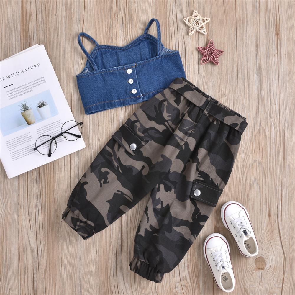 Girls Denim Sling Top & Camouflage Pants kids wholesale clothes