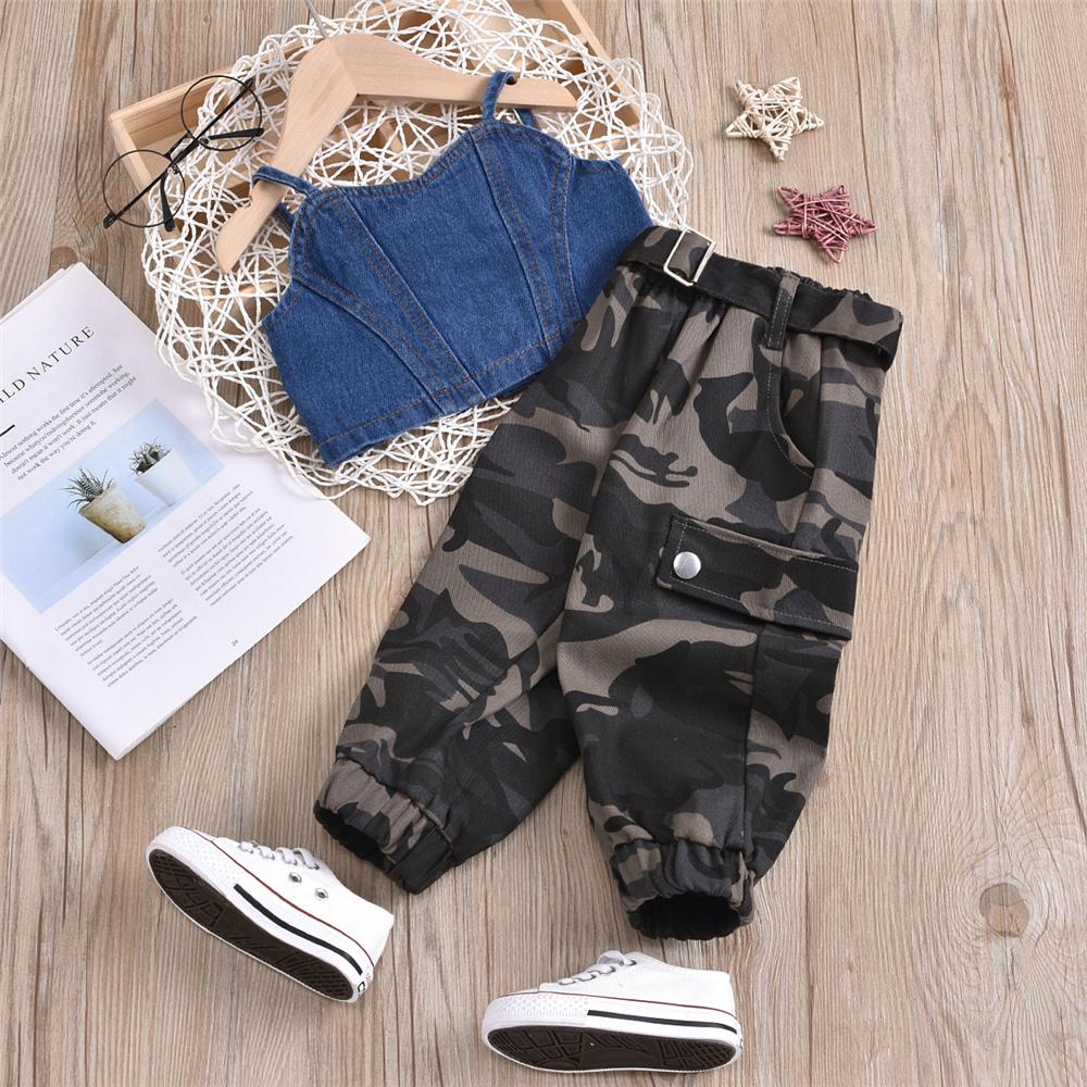 Girls Denim Sling Top & Camouflage Pants kids wholesale clothes