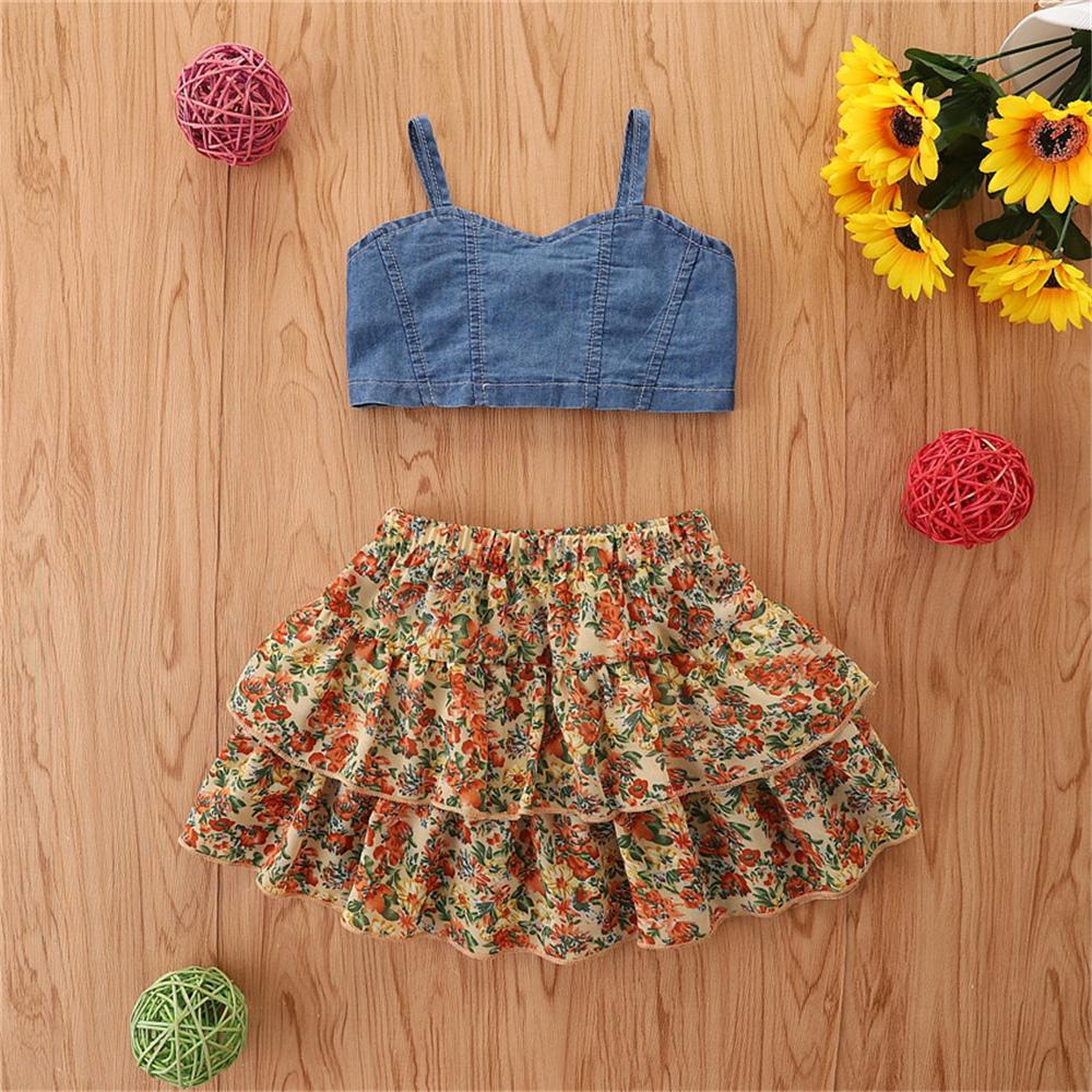 Girls Denim Sling Top & Floral Skirt kids clothes wholesale