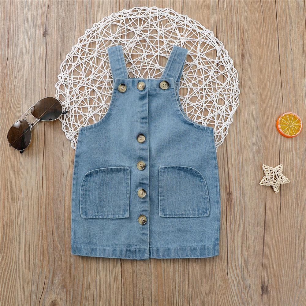 Girls Denim Solid Color Button Suspender Dress Wholesale Girls Clothing