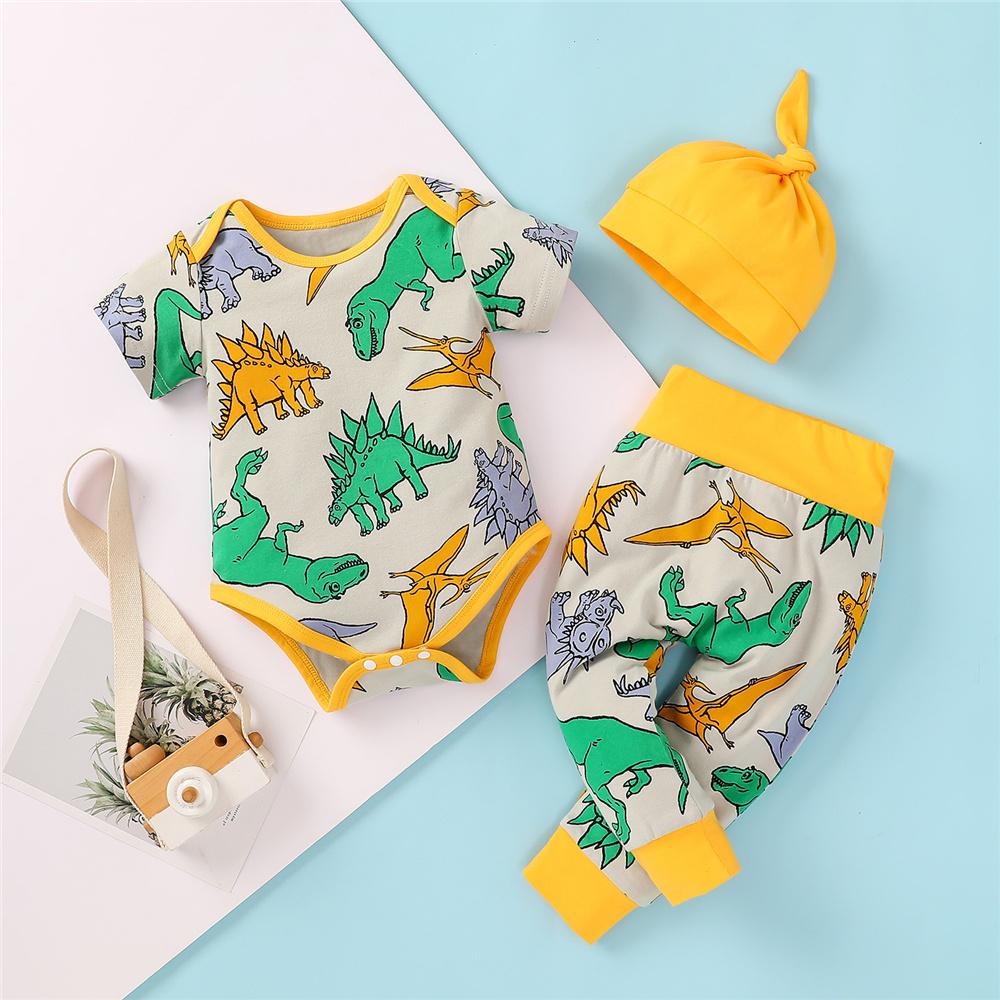 Baby Boys Dinosaur Animal Short Sleeve Romper & Pants & Hat baby clothes wholesale usa