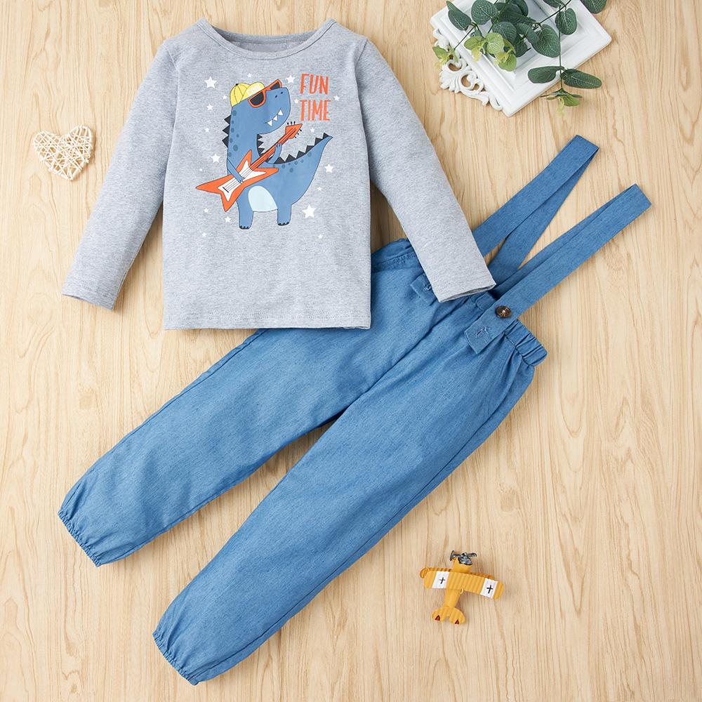 Boys Dinosaur Printed Long Sleeve Top & Jumpsuit trendy kids wholesale clothing