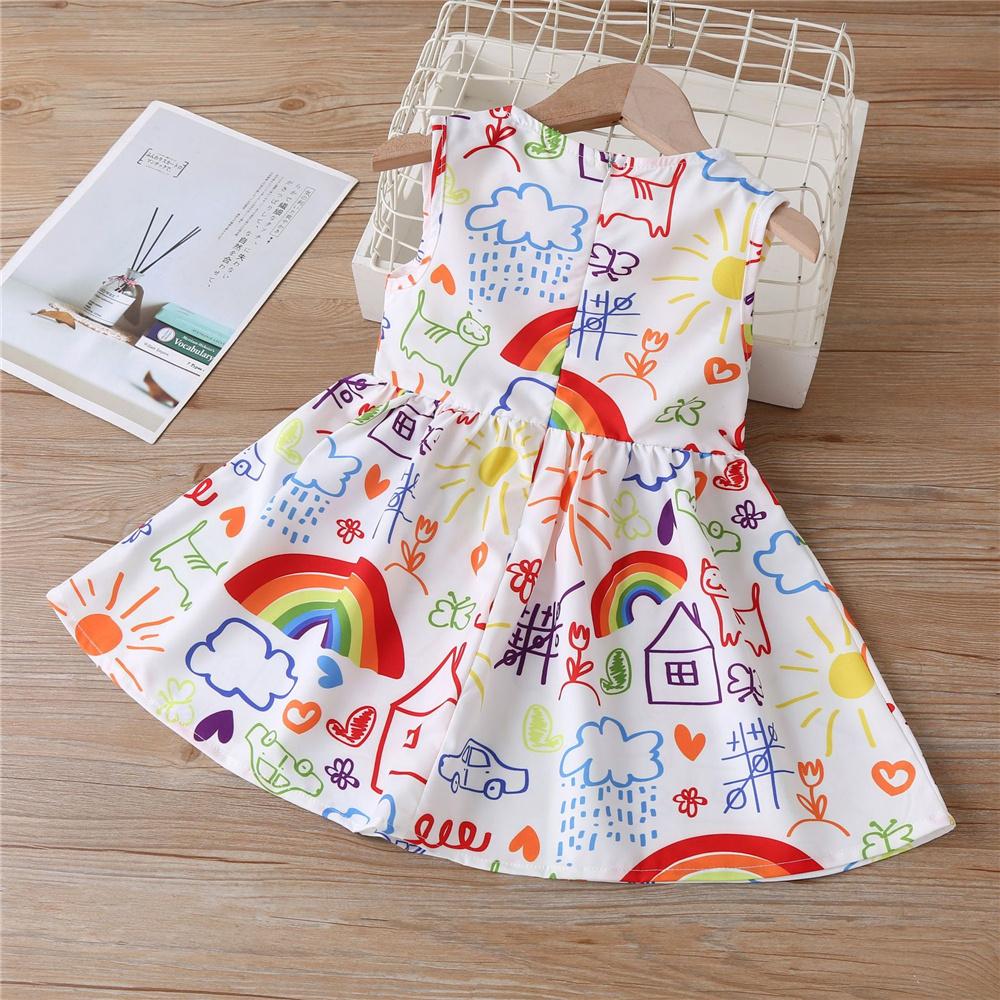 Girls Doll Collar Pattern Printed Sleeveless Pleated Dress wholesale kids boutique clothing