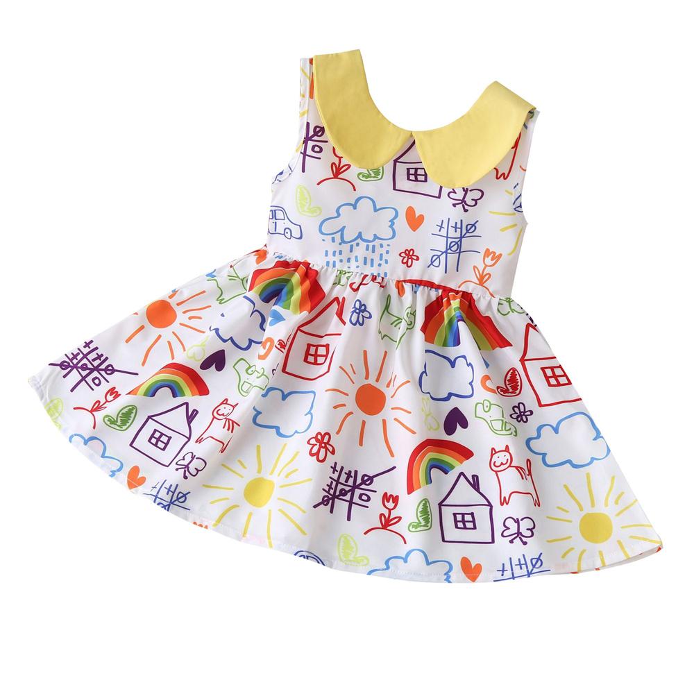 Girls Doll Collar Pattern Printed Sleeveless Pleated Dress wholesale kids boutique clothing